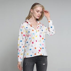Vintage | Dot Print V-Neck Long Sleeve Blouse